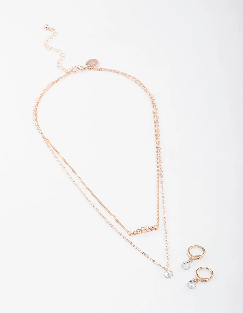 Rose Gold Dainty Stone Necklace & Earrings Set