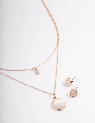 Rose Gold Layered Round Stone Necklace & Earrings Set