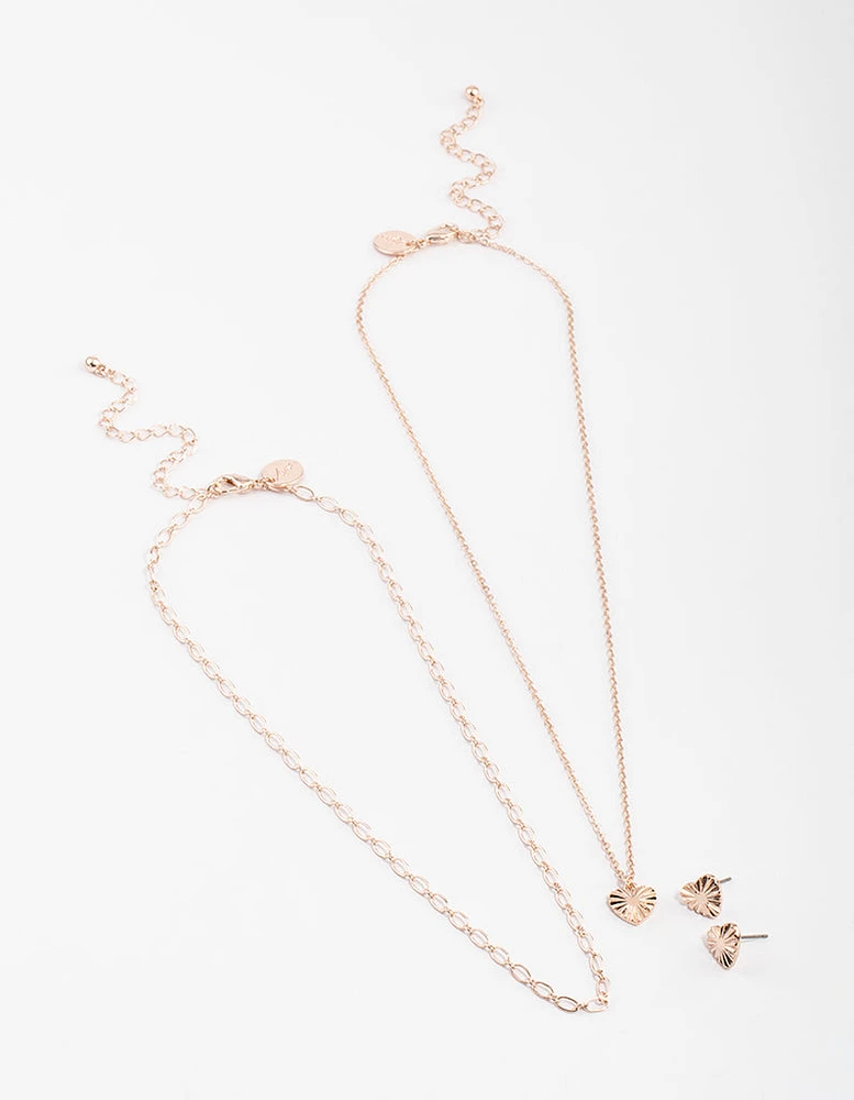 Rose Gold Heart Rays Layered Necklace & Earrings Set