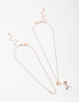 Rose Gold Heart Rays Layered Necklace & Earrings Set