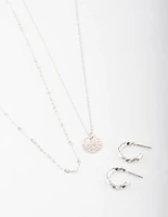 Silver Layered Textured Disc Necklace & Earrings Set