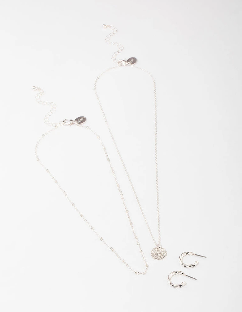 Silver Layered Textured Disc Necklace & Earrings Set