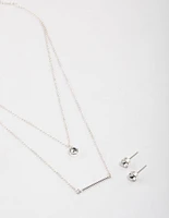 Silver Layered Stone Bar Necklace & Earrings Set