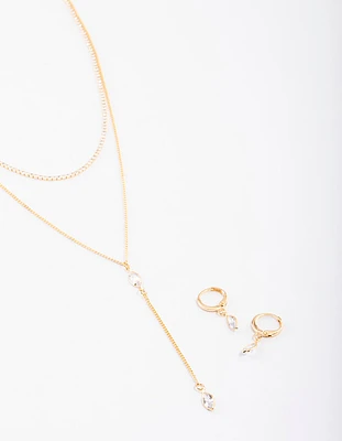 Gold Layered Y-Neck Necklace & Earrings Jewellery Set