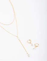 Gold Layered Y-Neck Necklace & Earrings Jewellery Set