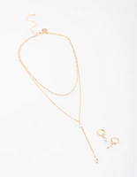 Gold Layered Y-Neck Necklace & Earrings Jewellery Set