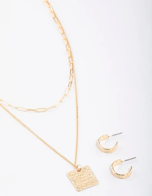 Gold Layered Textured Square Necklace & Earrings Set