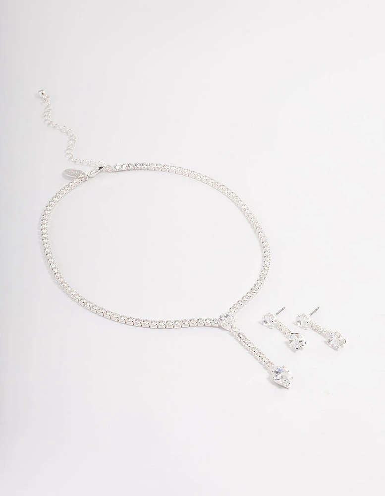 Silver Statement Y-Necklace & Earrings Set