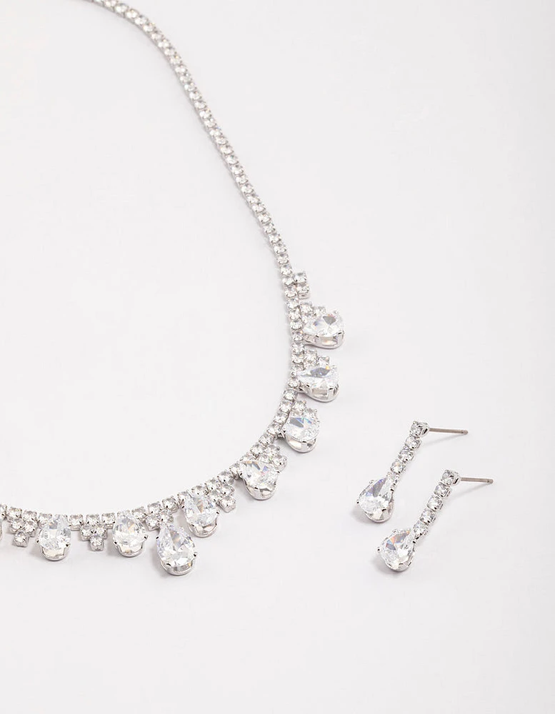 Silver Cubic Zirconia Cup Chain Teardrop Earrings & Necklace Set