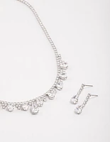 Silver Cubic Zirconia Cup Chain Teardrop Earrings & Necklace Set