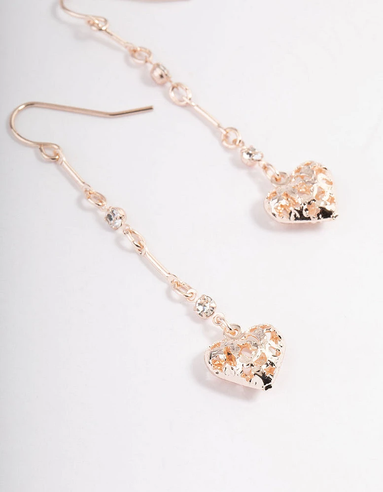 Rose Gold Diamante Filifgree Heart Drop Earrings