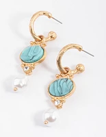 Worn Gold Facet Pearl & Turquoise Drop Earrings