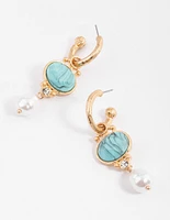 Worn Gold Facet Pearl & Turquoise Drop Earrings