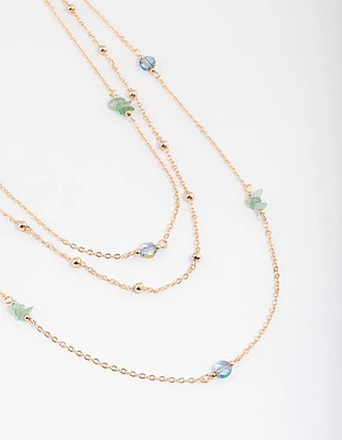 Gold Triple Row Mixed Ball Chain Stone Necklace