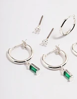 Silver Plated Brass  Cubic Zirconia Emerald Cut Huggie Earrings 6-Pack