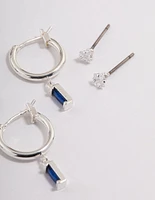 Silver Plated Brass  Cubic Zirconia Sapphire Cut Huggie Earrings 6-Pack