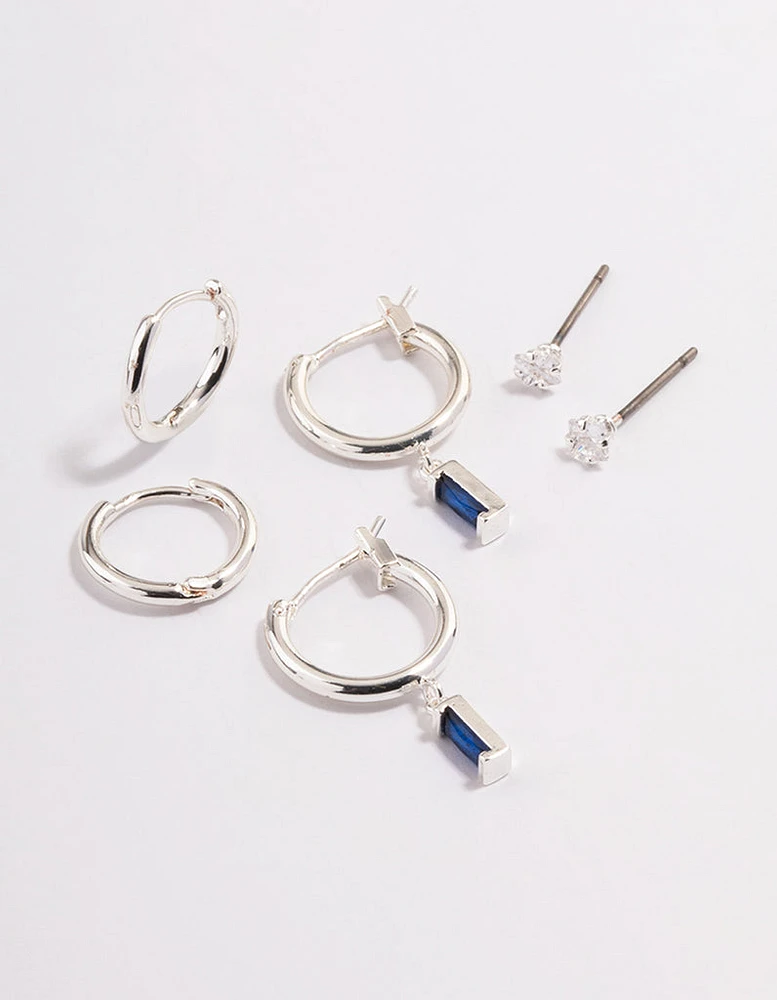 Silver Plated Brass  Cubic Zirconia Sapphire Cut Huggie Earrings 6-Pack