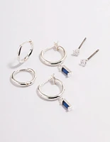 Silver Plated Brass  Cubic Zirconia Sapphire Cut Huggie Earrings 6-Pack