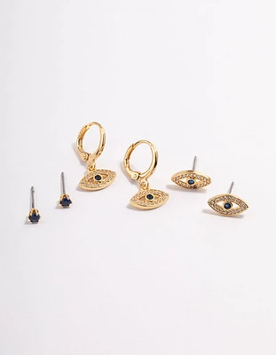 Gold Plated Brass Double Evil Eye Earrings Pack