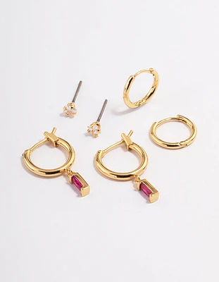 Gold Plated Brass Cubic Zirconia Fuschia Cut Hoop Earrings 6-Pack