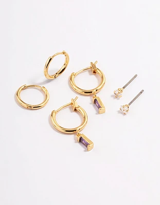 Gold Plated Cubic Zirconia Amethyst Cut Huggie Earrings 6-Pack