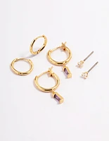 Gold Plated Brass Cubic Zirconia Amethyst Cut Huggie Earrings 6-Pack