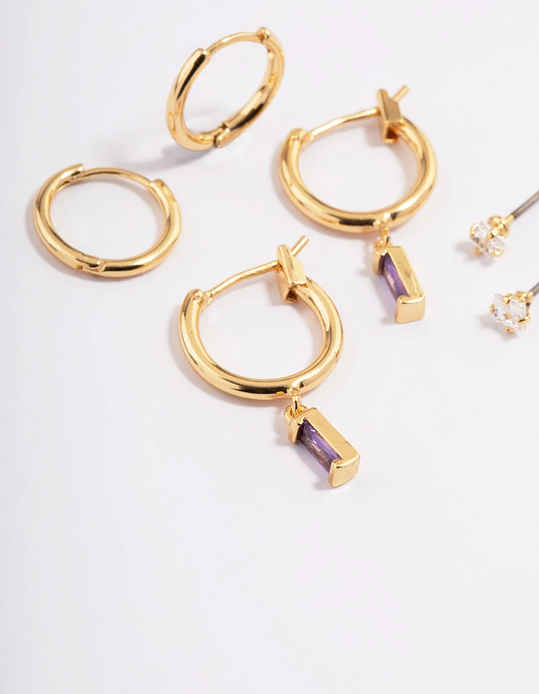 Gold Plated Brass Cubic Zirconia Amethyst Cut Huggie Earrings 6-Pack