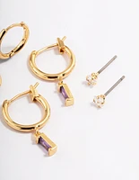 Gold Plated Brass Cubic Zirconia Amethyst Cut Huggie Earrings 6-Pack