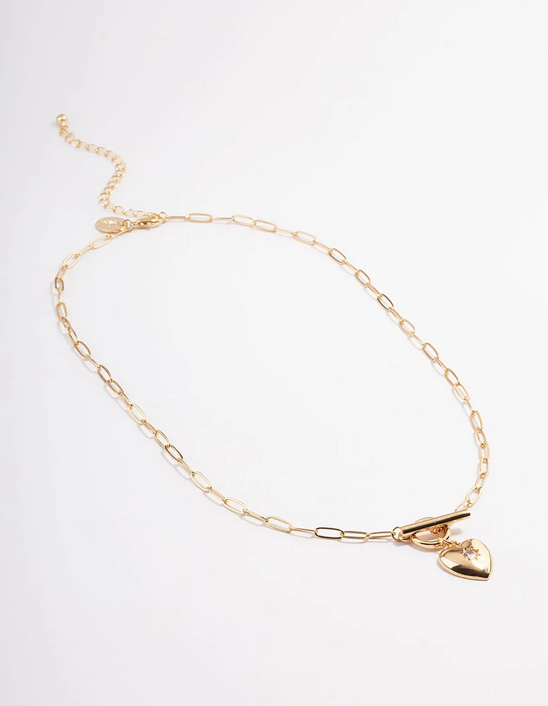 Gold Plated Celestial Heart T-Bar Necklace