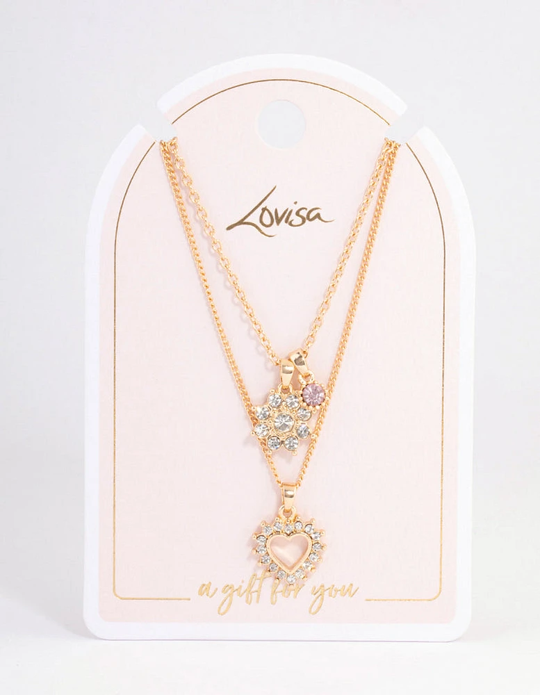 Pink Diamante Flower & Heart Layered Necklace