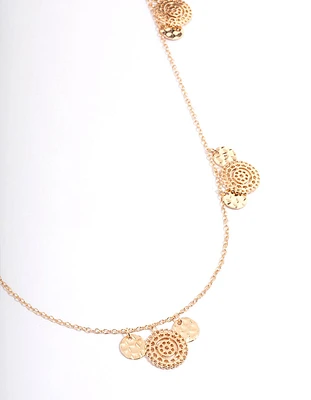 Gold Long Molten & Filigree Disc Necklace