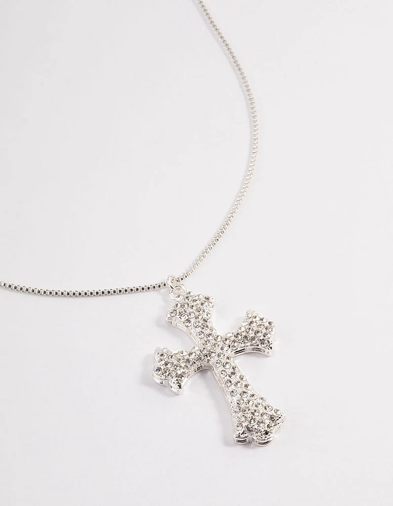 Silver Boxchain Large Diamante Cross Necklace