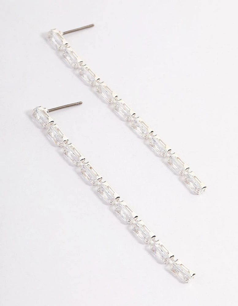 Silver Cubic Zirconia Rectangle Straight Drop Earrings