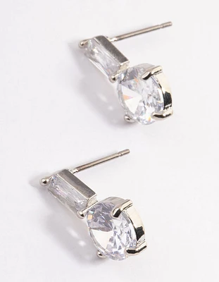 Silver Cubic Zirconia Straight Round Stud Earrings