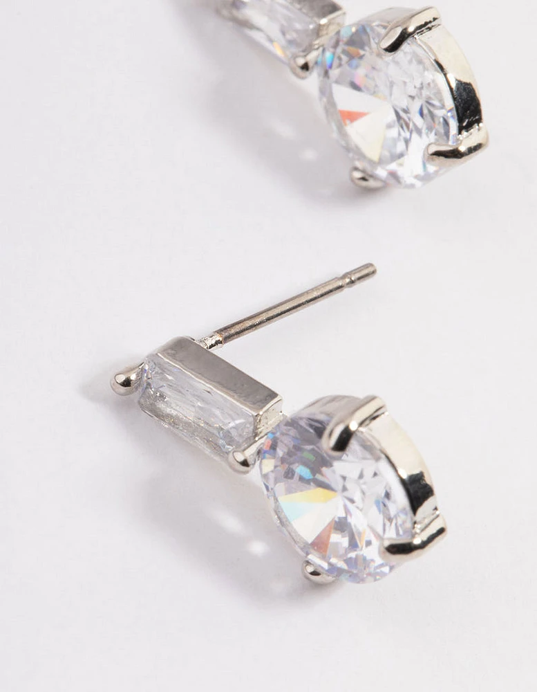 Silver Cubic Zirconia Straight Round Stud Earrings