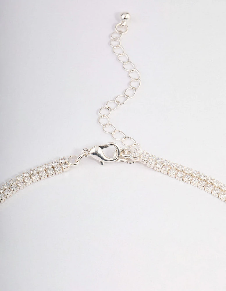 Silver Cubic Zirconia Double Row Spilt Y-Necklace