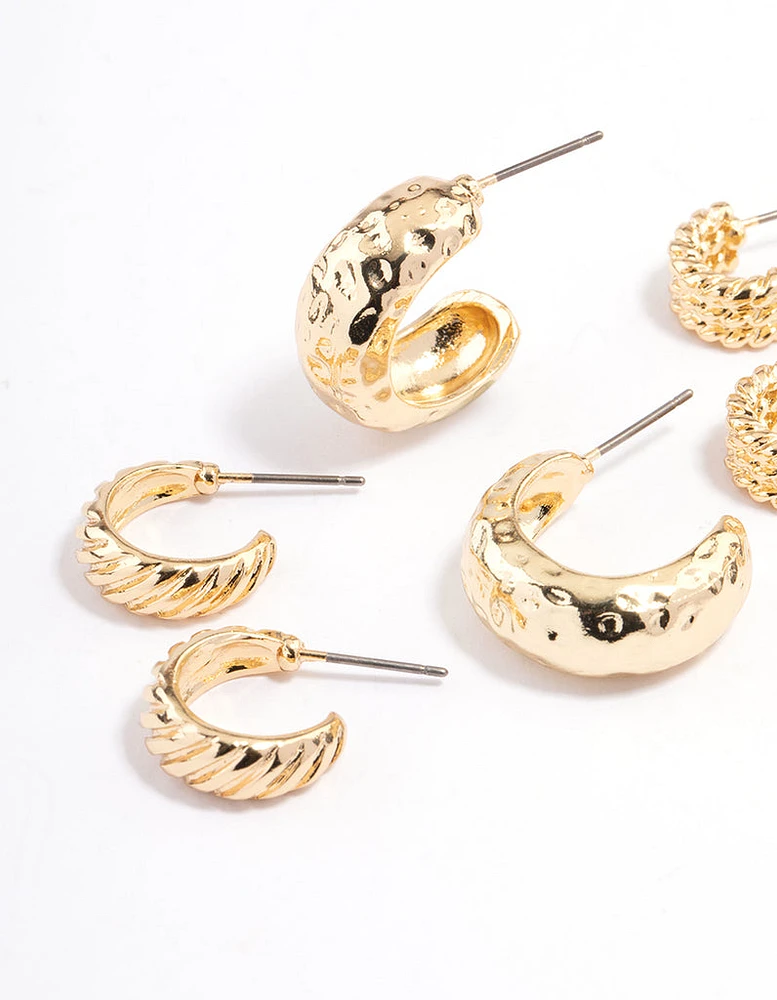 Gold Plated Molten Multi Hoop Earrings 4-Pack