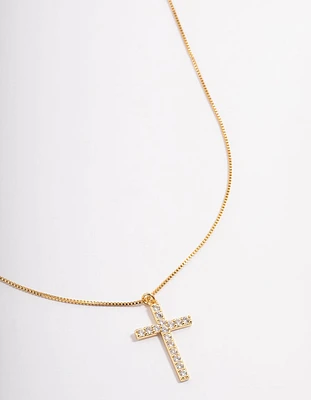 Gold Plated Diamante Cross Fine Chain Necklace