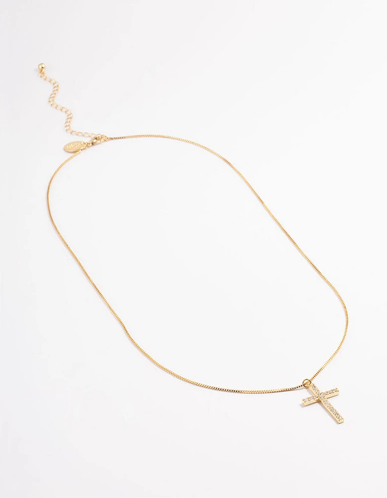 Gold Plated Diamante Cross Fine Chain Necklace