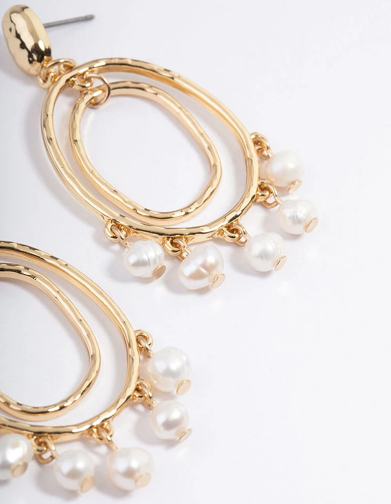 Gold Plated Oval Drop Layered Freshwater Pearl Earrings