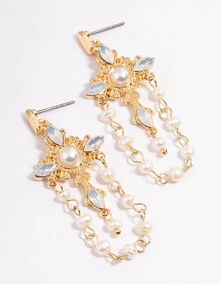 Gold Plated Embellished Freshwater Pearl Cross Earrings