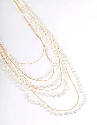 Gold Pearl Long Layered Necklace