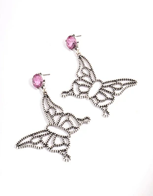 Antique Silver Oversized Butterfly Stone Earrings