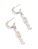 Rhodium Love Text Earrings