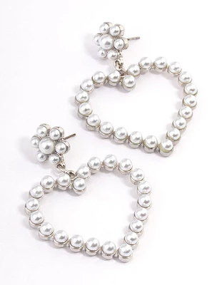 Silver Pearl Heart Statement Earrings