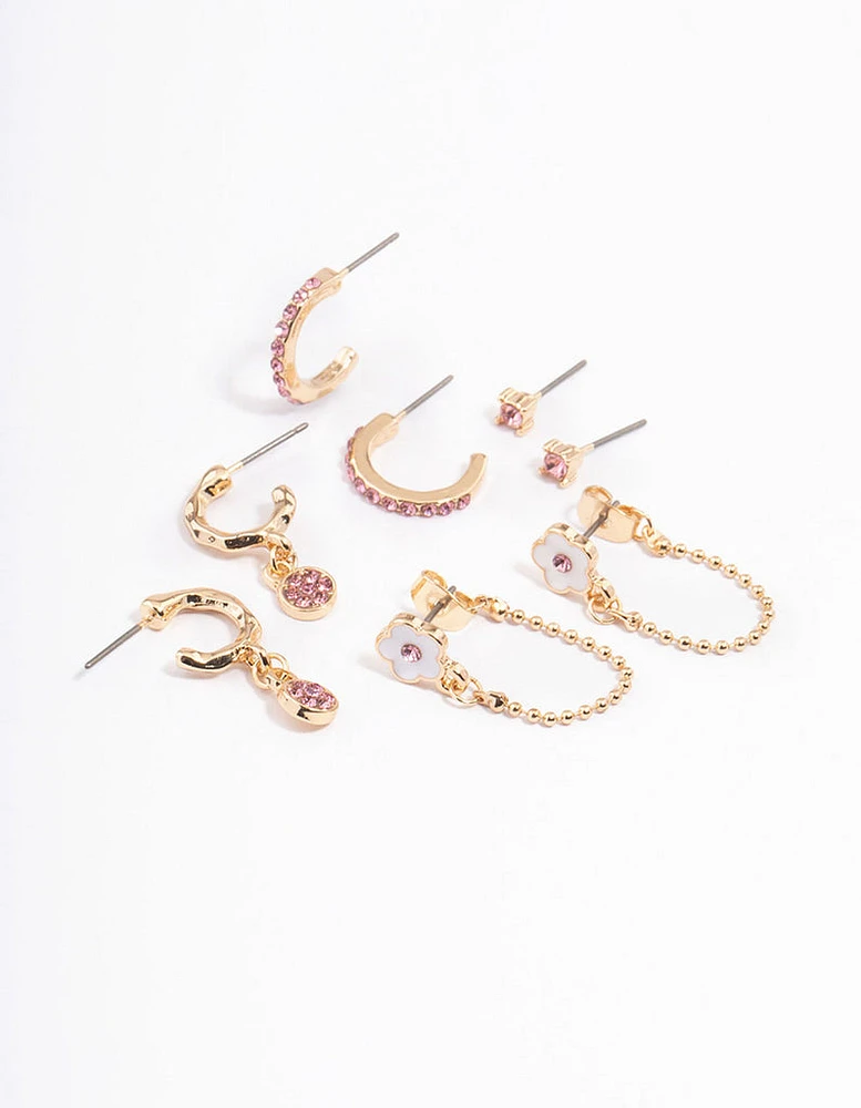 Pink Flower Chain Stacker Earrings