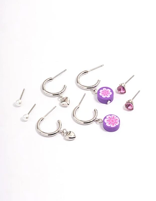 Rhodium Puffy Heart Stacker Earrings