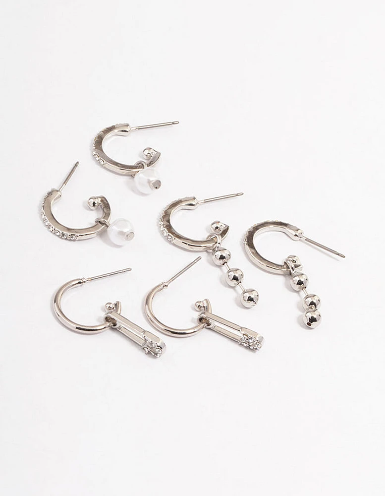 Silver Safety Pin Stacker Earrings