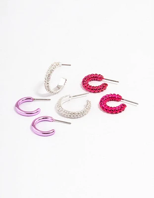 Silver & Pink Diamante Stacker Earrings