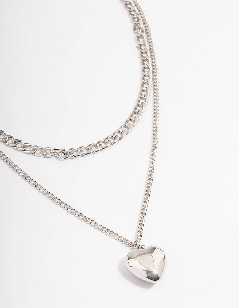 Silver Puffy Heart Multi-Necklace